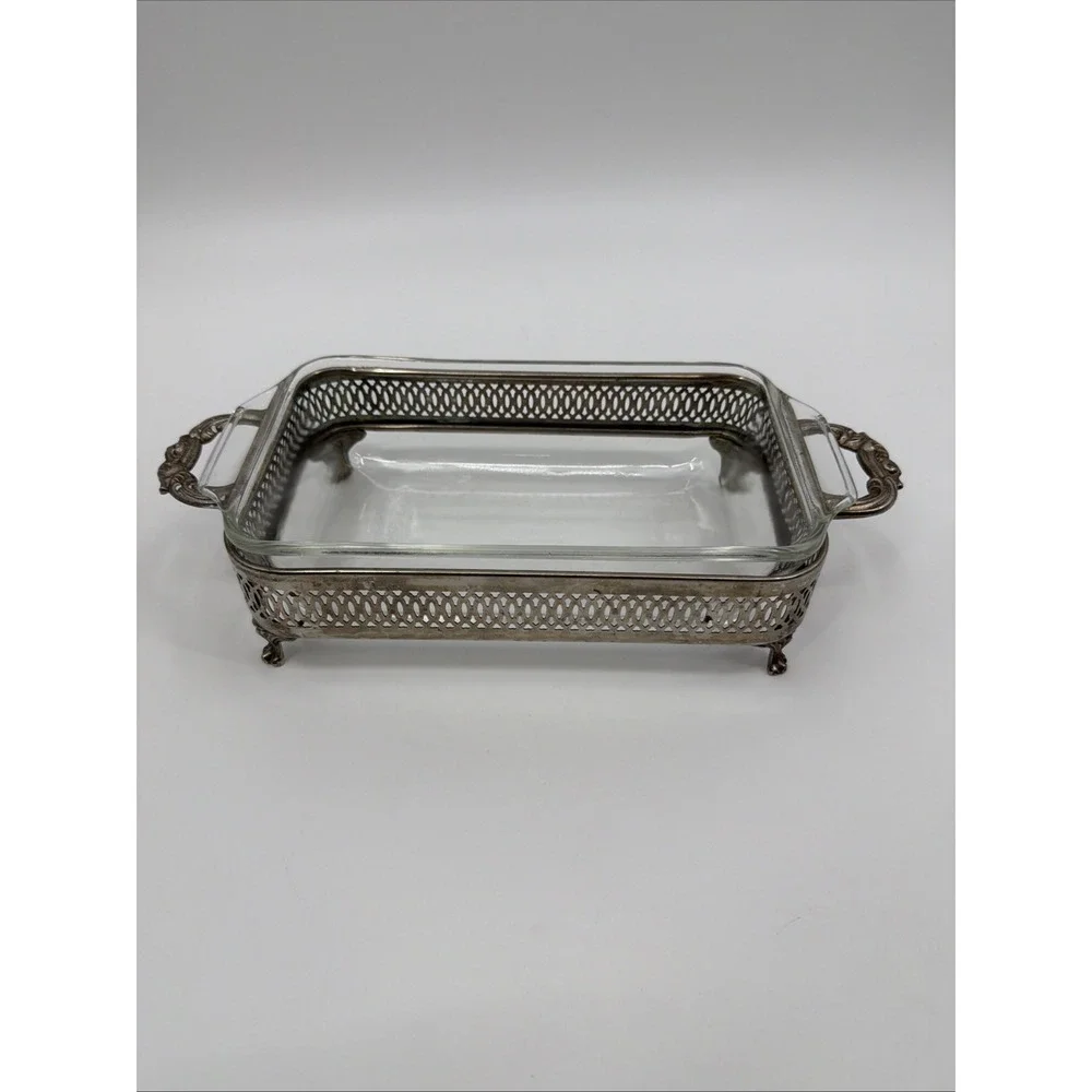 PYREX PLATE W SILVER HOLDER BREAD OR MEAT LOAF GLASS DISH - 10 Qt Dish